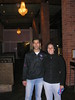 Beth > And part of it was a weird combination of exposed brick and lavender painted walls and fancy chandeliers.  And this is Cari with our waiter, who was wearing a Scottish soccer jersey, who couldn't really speak English but made fun of our Hebrew, and who tried to pick us up in the bathroom.